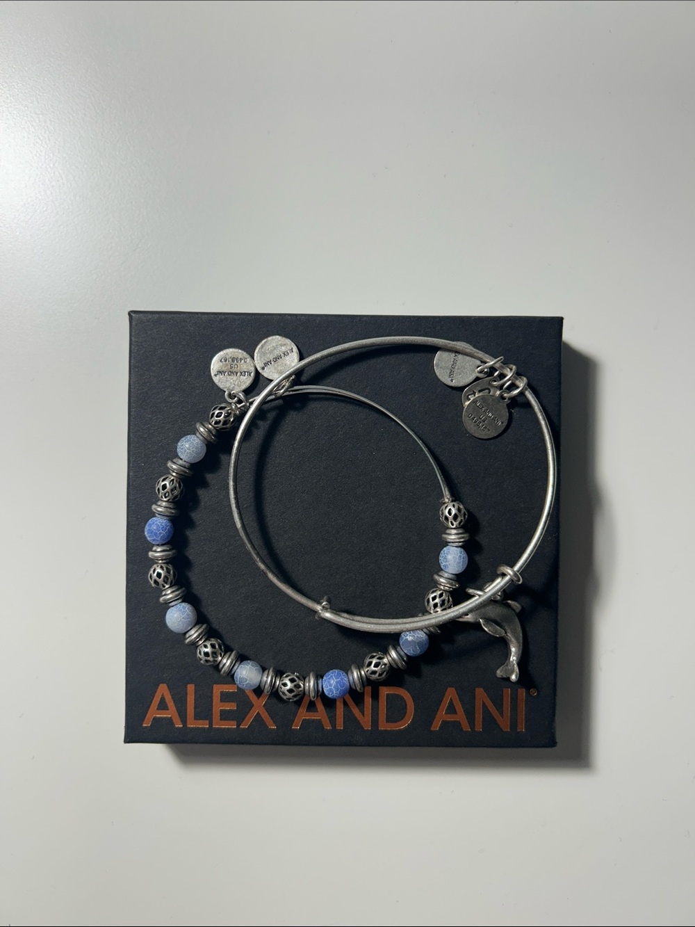 Alex and Ani Silver and Blue Bead Stackable Bracelet Set